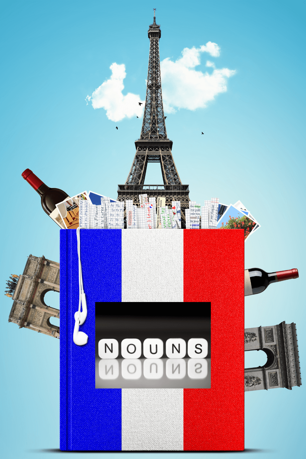 The Eiffel Tower, bottles or wine and the French Tricolore