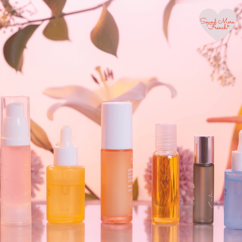 3 Selection of colourful skincare and beauty products, showcasing French and English labels.