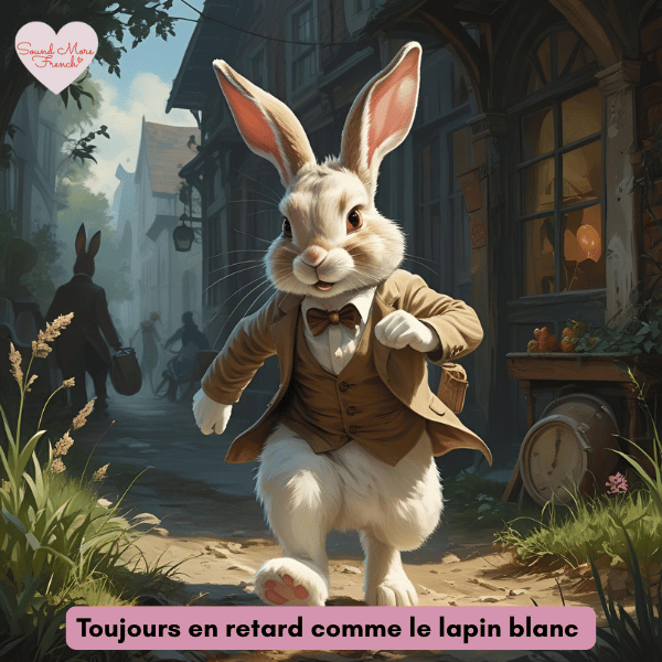 white_rabbit_running_through_village_street_with_caption_toujours_en_retard_comme_le_lapin_blanc