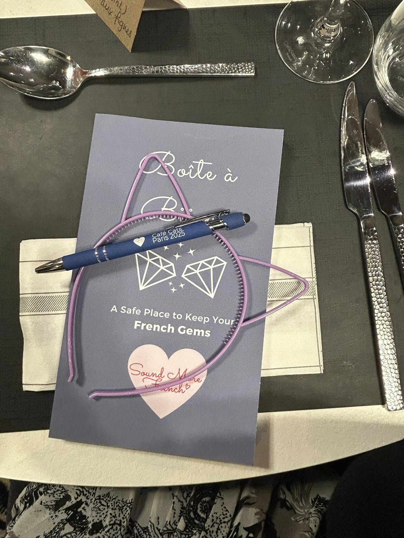 Boîte_à_Bijoux_notebook_Café_Cats_Paris_2025_pen_and_cat_ears_gift_set_prepared_for_the_Café_Cats_in_Paris_dinner