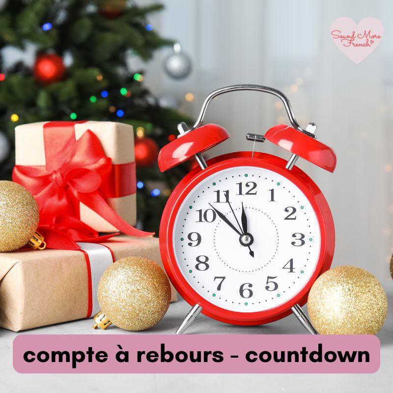 red_alarm_clock_showing_nearly_midnight_in_front_of_christmas_tree_and_gifts_with_french_and_english_vocab_label