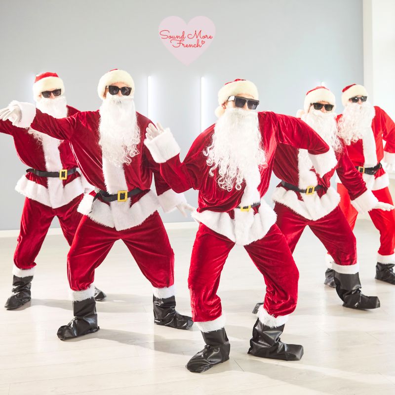 group_of_dancing_santas_in_red_costumes_and_sunglasses_posing_in_line_with_sound_more_french_logo