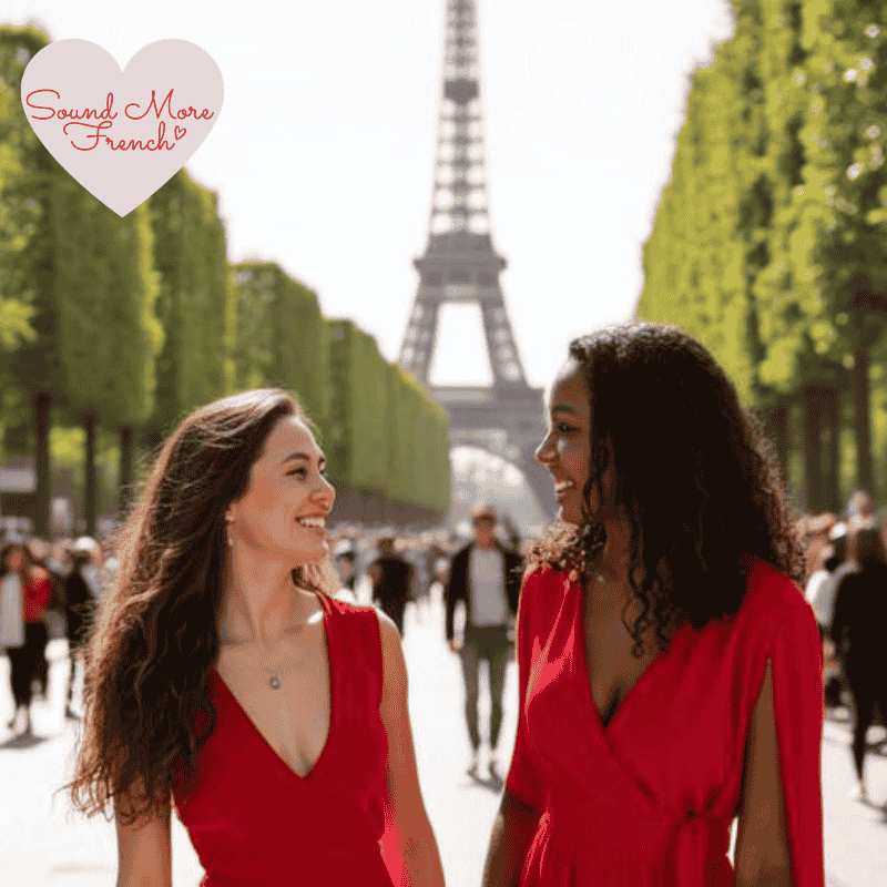 two_women_smiling_and_talking_near_eiffel_tower_in_paris_confident_french_conversation_sound_more_french_logo